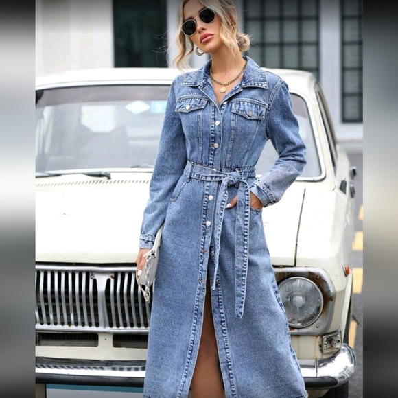 Flap Pocket Belted Denim Dress Fall Cloth For Women - Picture 6 of 7